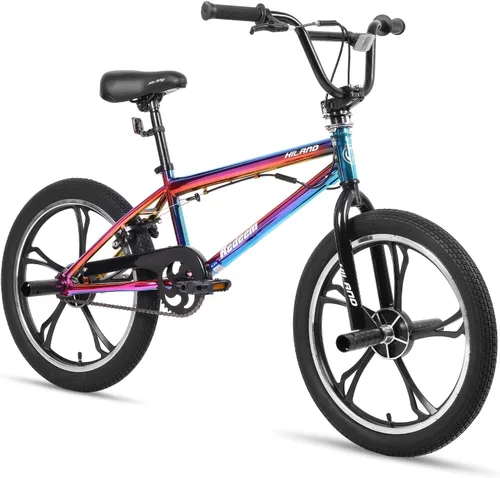 Vista 13 de Hiland - Bicicleta BMX de 20 pulgadas para niños y niñas de 5 a 12 años, giro de 360 grados, 4 clavijas, bicicleta BMX de una velocidad para niños
