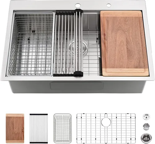 Vista 14 de Fregadero de barra de 15 pulgadas para estación de trabajo, fregadero de cocina pequeño de 15 x 15 pulgadas, montaje superior, calibre 16