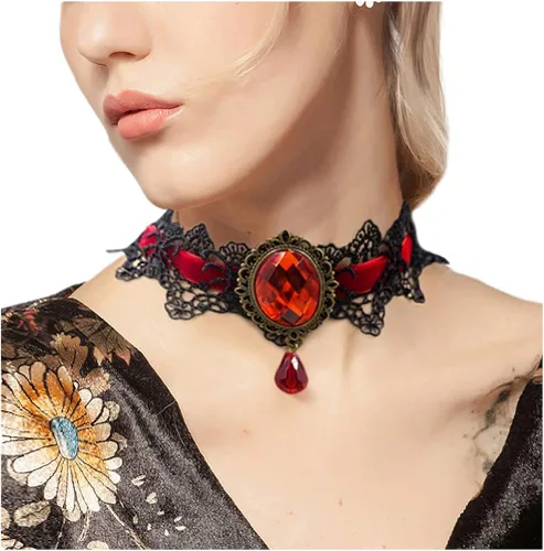 Vista 2 de ETERNITY J. - Gargantilla gótica retro hecha a mano de encaje, pulsera y colgante de cadena negro