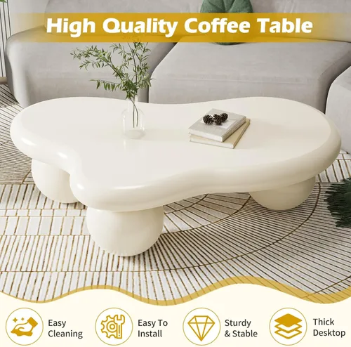 Vista 3 de Mesa de centro en forma de nube de 40 pulgadas, modernas mesas de centro ovaladas irregulares con 3 bases, mesa central color crema para dormitorio