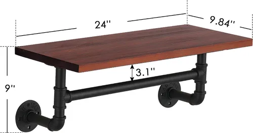 Vista 2 de ivinta HG311 - Estantería flotante de pared industrial de 1 nivel con toallero y tubo de metal para baño, sala de estar, HG311 (marrón rústico)