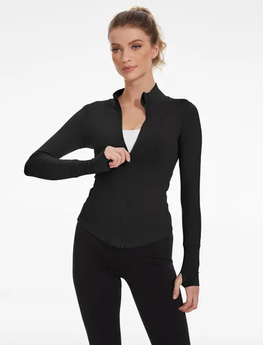 Vista 6 de Locachy Chaqueta de entrenamiento atlética ligera con cremallera completa para mujer, ajustada, deportiva, correr, yoga, ropa deportiva con agujeros