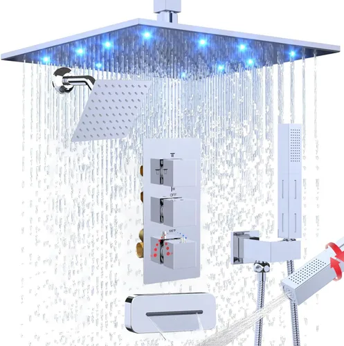 Vista 10 de Enga Juego de grifo de ducha termostático, cabezal de ducha LED de 12 pulgadas con cabezal de ducha doble de 6 pulgadas, juego de grifo de ducha