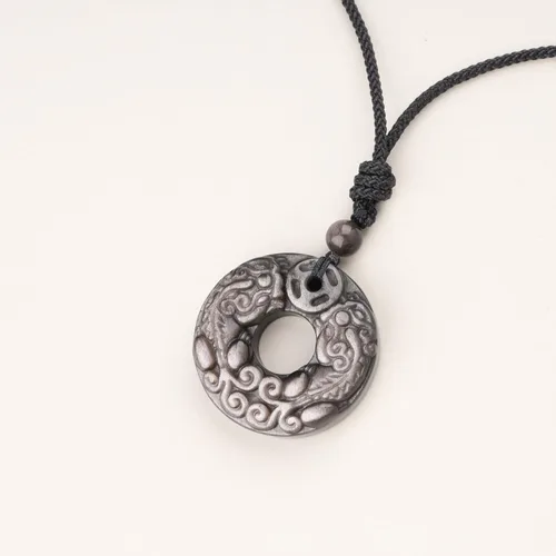 Vista 4 de COAI Collar con colgante de riqueza Pixiu Pi Yao de piedra de obsidiana