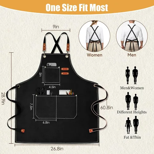 Vista 2 de Cross-Back Chef Aprons for Men and Women, Water Repellent Cotton Canvas Adjustable Work Apron with Pockets Negro