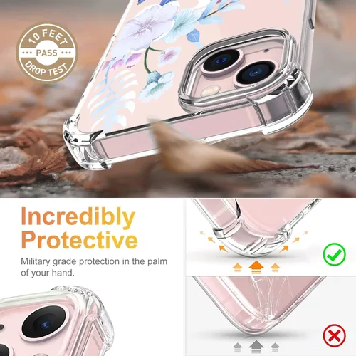 Vista 3 de Funda diseñada para iPhone 13 con protector de pantalla con patrón de flores, funda transparente para mujer, a prueba de golpes, funda protectora