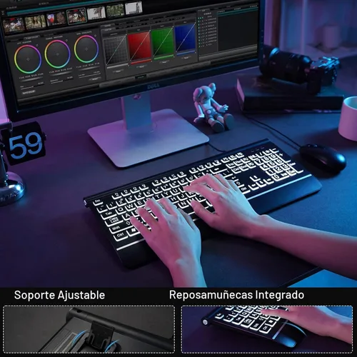Vista 6 de KOPJIPPOM Teclado USB con cable con teclas retroiluminadas de impresión grande, retroiluminación LED de 7 colores, reposamuñecas ergonómico, diseño