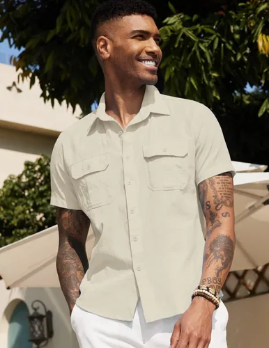 Vista 2 de COOFANDY Camisas de lino con botones para hombre de manga corta, camisa de playa casual