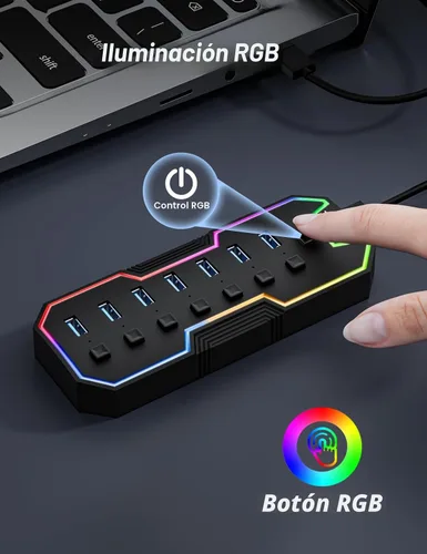Vista 3 de ZIUMIER Hub USB 3.0, expansor USB de 7 puertos con tira LED RGB, concentrador USB para laptop, interruptores LED individuales de encendido/apagado