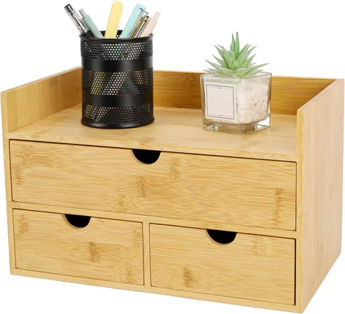 Vista 9 de Organizador de escritorio de bambú con cajones, cajones de mostrador, 2 cajones, caja de almacenamiento de esquina para escritorio, organizador
