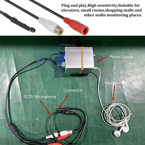 Vista 8 de Micrófono CCTV Dispositivo de recogida de cable de audio Micrófono para exteriores CCTV RCA Micrófono de vigilancia DVR Preamplificador de alta