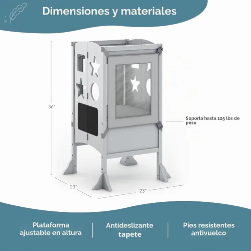 Vista 2 de Guidecraft Classic Kitchen Helper® - Torre para niños pequeños, color gris: plegable, altura ajustable, taburete de aprendizaje para niños