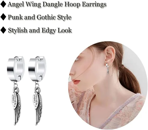 Vista 2 de Aretes de aro unisex punk hip hop, acero inoxidable, plateado, negro, dorado, bloqueo de trueno, rayo, perno colgante, regalo para mujeres, hombres