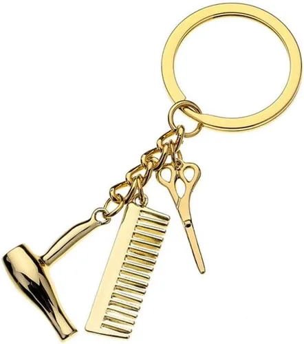 Vista 6 de Wixine 2 unids peluquero secador de pelo tijera peine llavero creativo llavero joyería regalos, Blanco,Oro