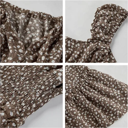Vista 4 de YOBECHO Mini vestido de verano para mujer con cuello corazón impreso con volantes