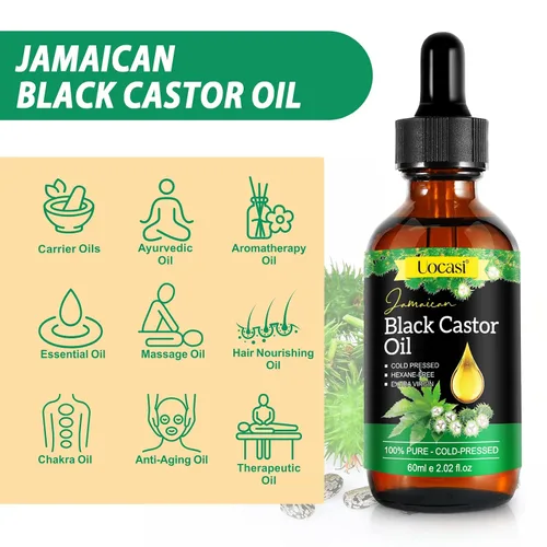 Vista 6 de Aceite de ricino negro jamaicano, 100% puro y orgánico, prensado en frío en botellas de vidrio para el crecimiento del cabello, nutrición de cejas e