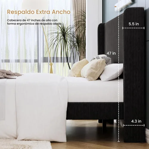Vista 5 de SHA CERLIN - Base de cama tamaño Full tapizada en pana con plataforma y cabecera acolchada con diseño acanalado vertical estilo wingback, 8