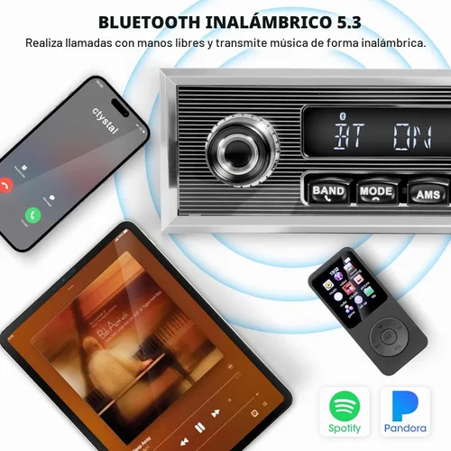 Vista 3 de Radio retro vintage para vehículo clásico – Estéreo de coche Bluetooth de un solo DIN con AM FM USB AUX EQ subwoofer salida RCA
