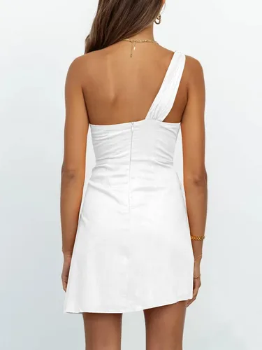Vista 5 de LILLUSORY Minivestido corto de un hombro para mujer, vestido corto de verano cruzado con lazo fruncido en la cintura