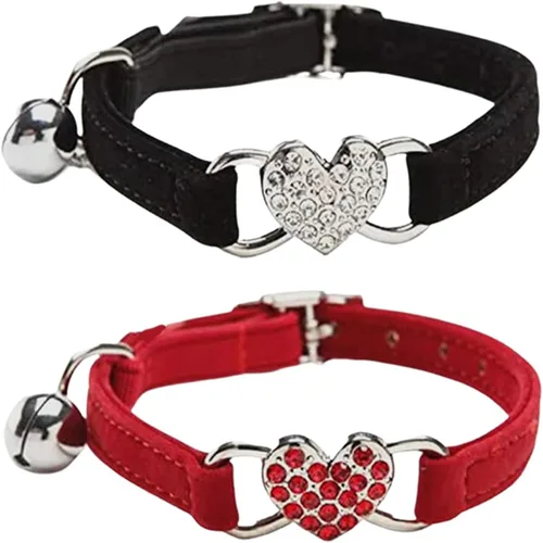 Vista 8 de Collar de gato con corazón brillante con cinturón de seguridad y campana ajustable de 8 a 10 pulgadas para gatos gatitos (negro)