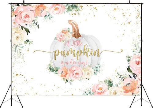 Vista 2 de Telones de fondo de calabaza para baby shower, decoración de fondo rosa floral de otoño para niñas recién nacidas (7 x 5 pies)