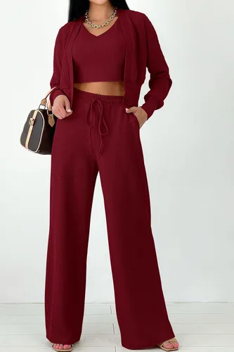 Vista 8 de PRETTYGARDEN Trajes de 3 piezas para mujer, conjuntos a juego, cárdigan de punto acanalado, camisetas sin mangas, pantalones de pierna ancha