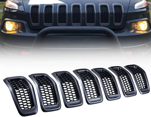 Vista 14 de Inserto de Parrilla de Parachoques Delantero Moldura de Rejilla Cromada con Cubierta de Malla de Panal Negro para Jeep Cherokee 2014 2015 2016 2017