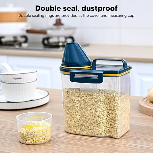 Vista 5 de Recipiente de almacenamiento de arroz, dispensador de arroz de plástico con taza medidora, dispensador hermético de granos con escala Claer, 3.3 lbs