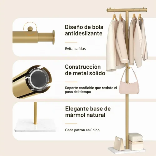 Vista 4 de ELYKEN Perchero independiente con base de mármol natural, ancho ajustable en forma de T, árbol de metal con 2 ganchos, moderno perchero