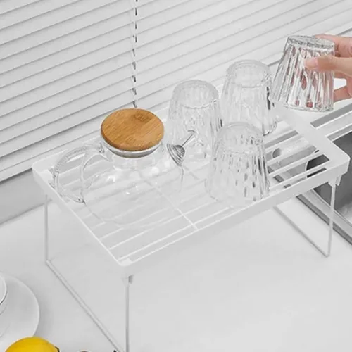 Vista 6 de Estante apilable para gabinete, estante plegable de plástico para armario de cocina, estante de almacenamiento de escritorio, estante organizador