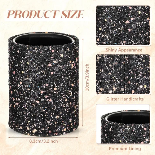 Vista 2 de Sabary 8 bolígrafos negros con soporte para bolígrafo para escritorio, con purpurina, diamantes de cristal, bonito soporte para lápices, organizador