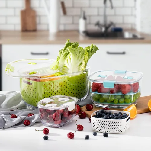 Vista 8 de LUXEAR Juego de 3 unidades de contenedores de almacenamiento de frutas y vegetales frescos, contenedor de almacenamiento de refrigerador sin BPA