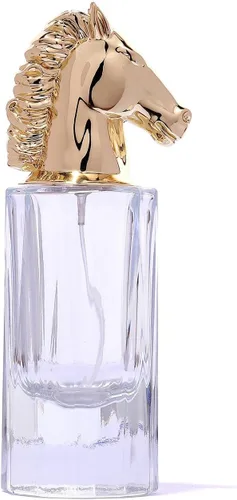Vista 2 de Botellas de perfume vacías con spray de vidrio transparente recargable con tapa de botella de cabeza de caballo de metal dorado, botella atomizadora