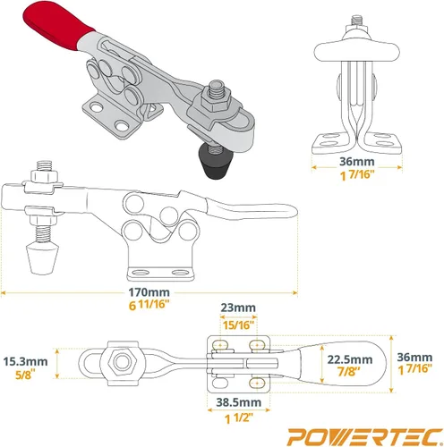 Vista 6 de POWERTEC 48 pulgadas universal T-Track 2PK con abrazadera de palanca de sujeción horizontal 4 unidades y placa de montaje para plantillas