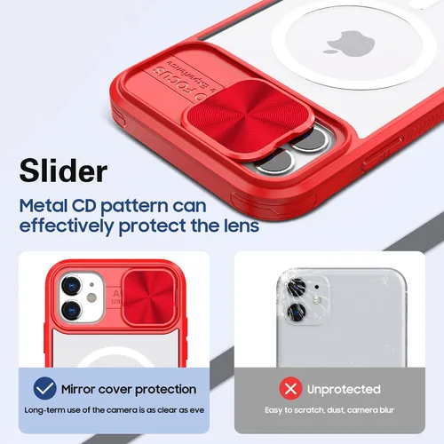Vista 4 de Funda para iPhone 11 Pro Max compatible con Magsafe con cubierta de cámara deslizante, grado militar, resistente a los golpes, resistente, Rojo