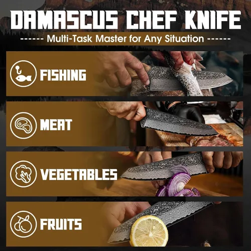 Vista 2 de TAN REN Cuchillo de chef de Damasco de 6 pulgadas con funda, cuchillo japonés Kiritsuke afilado, cuchillos de cocina de Damasco de espiga completa
