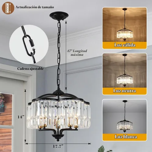 Vista 3 de Lámpara de Araña de Cristal Moderna para Comedor - 5 Luces Ajustables Negra Estilo Granja Accesorio de Luz Colgante para Vestíbulo Dormitorio Sala