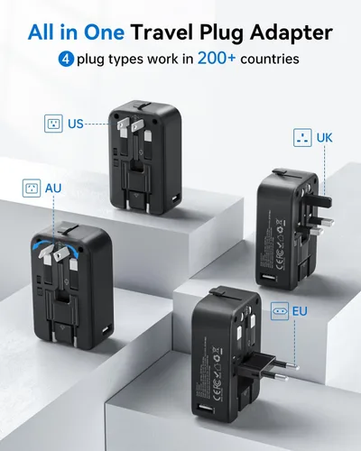 Vista 3 de DOACE Adaptador de viaje Pico de 20 W, adaptador de corriente universal de 5 puertos, 1 CA, 2 USB C y 2 USB-A, adaptador de enchufe internacional