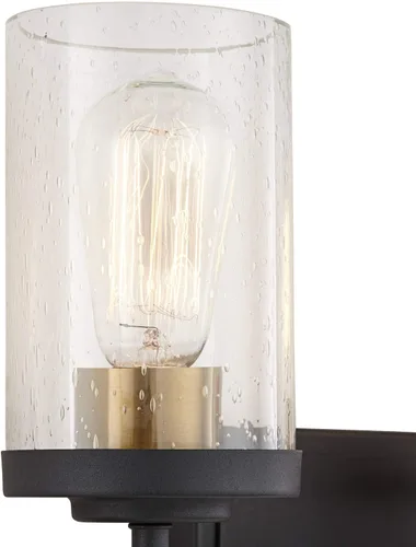 Vista 3 de Possini Euro Design Kata Farmhouse - Lámpara de pared rústica de madera sintética negra con cable de 22 pulgadas, 3 lámparas, cristal cilíndrico