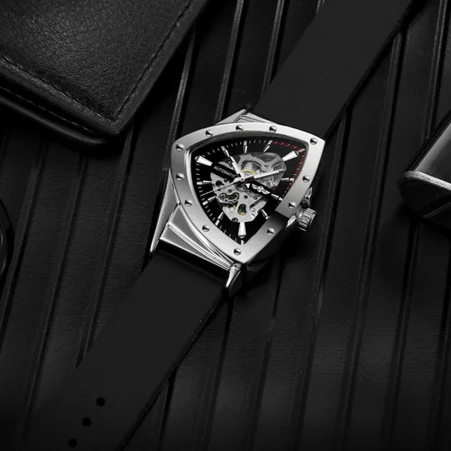 Vista 6 de FORSINING Reloj de pulsera mecánico triangular impermeable para hombre con correa de silicona