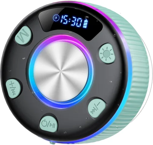 Vista 11 de Altavoz de ducha Bluetooth, IP7 impermeable, portátil, Bluetooth 5.3 con ventosa, mini altavoz inalámbrico con luces RGB, pantalla de tiempo, sonido