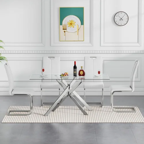 Vista 17 de Juego de mesa de comedor de cristal de 5 piezas para 4, moderno juego de mesa de cocina rectangular de vidrio templado transparente de 51.18