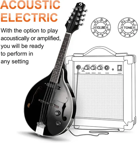 Vista 4 de Vangoa Instrumento de Mandolina de Caoba Eléctrico Acústico Estilo A, Mandolina Musical para Principiantes, Adultos, Adolescentes, Niños, Negro