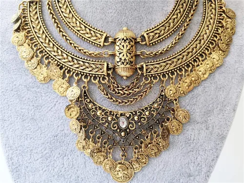 Vista 3 de Conjunto de collar y aretes para mujer, estilo étnico, étnico, étnico, gitano, grueso, para festivales