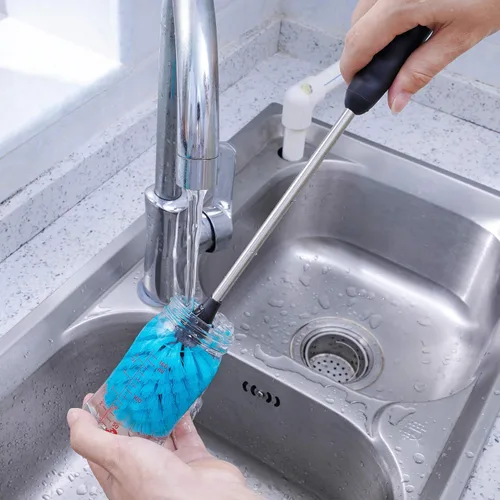Vista 9 de MOSOLAN Cepillo para botella de agua de acero inoxidable, cepillo de limpieza de mango largo, construido para limpiar botellas deportivas