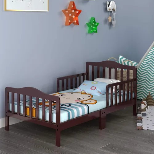 Vista 7 de Estructura de cama de madera de Costzon, para niños pequeños, con cerca de seguridad, Cereza
