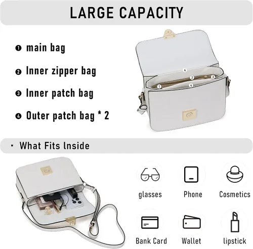 Vista 4 de Chinllo Bolso bandolera de hombro para mujer, bolso de bolsillo triple de piel sintética, bolso de mensajero con solapa