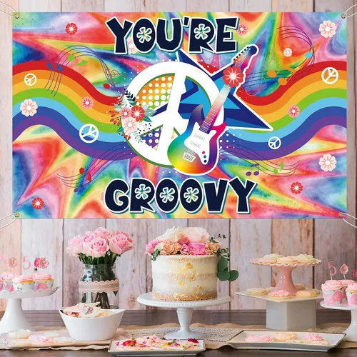 Vista 4 de You're Groovy - Telones de fondo para fotografía de fiesta de los años 60, decoración de pared, fondos para fotos, arco iris, tema hippie