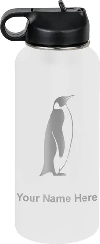 Vista 33 de LaserGram Botella de agua personalizada, pingüino, acero inoxidable de doble pared aislada al vacío con popote superior, regalo grabado