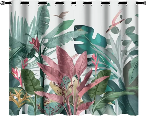Vista 37 de Cortinas abstractas de hojas tropicales, acuarela tropical, hojas de palma, verano hawaiano, plátano, aislamiento térmico, cortinas completas